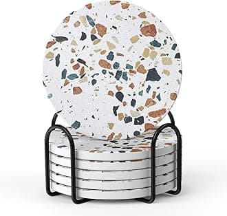 Absorbent Drink Coasters with Holder, Set of 6 Ceramic Coasters Set with Cork Base, for Kinds of Drinking Glasses, 4 Inches Stone Coasters for Home Decor, White Elephant Gifts for Adults