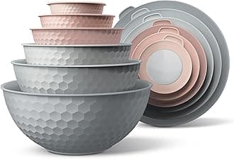 COOK WITH COLOR Mixing Bowls with Lids - 12 Piece Plastic Nesting Bowls Set includes 6 Prep Bowls and 6 Lids, Microwave Safe Mixing Bowl Set, Pink Embossed