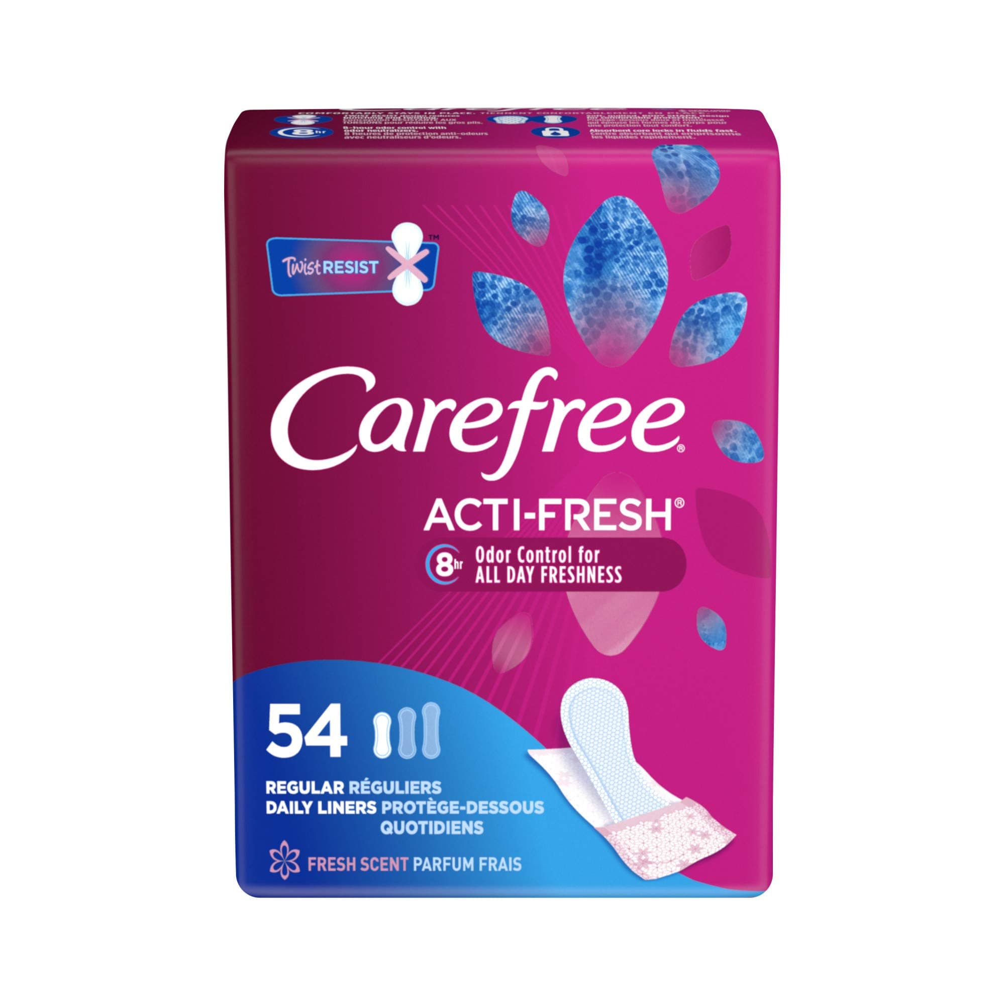 Carefree Acti-Fresh Body Shaped Regular Pantiliners, Fresh Scented, 54 Count (Pack of 1), Package May Vary