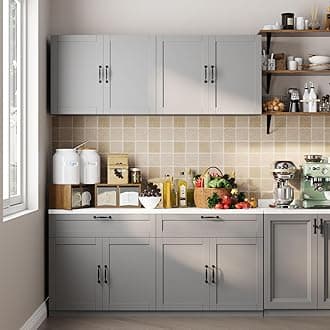 FAMAPY Wall-Mounted Kitchen Pantry Kitchen Storage Cabinet with White Countertop, Pantry Cabinet with Drawers & Doors, Wall Cabinet Grey and White