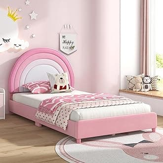 Twin Bed Frames for Kids, Toddler Wooden Twin Bed Platform with Headboard & Slat Base, No Box Spring Needed, Children Bedroom Furniture for Boys Girls, Fits Standard Twin Mattress, Rainbow