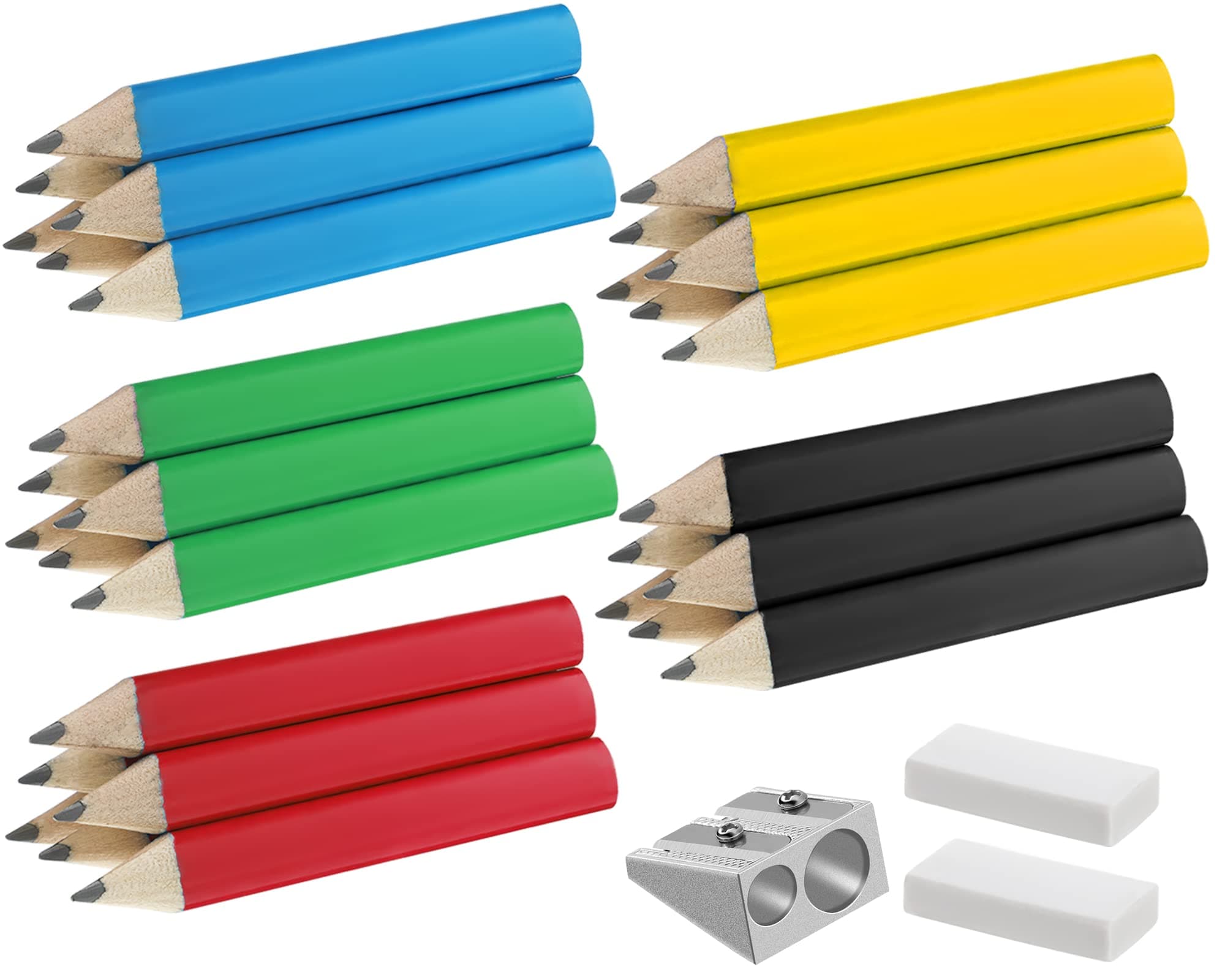 Marspark 30 Pcs Short Triangular Fat Pencils Bulk 3.5 Inch Wooden Triangular Jumbo Pencils with Sharpener and 2 Erasers for Preschoolers, Kindergarten, Toddlers, Beginners and School(Vivid Colors)