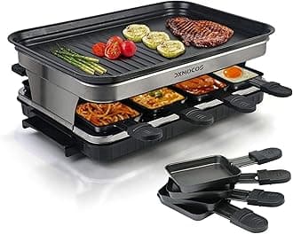 Raclette Grills Indoor Raclette Machine, Grill for 8 with Non-Stick Coating Plate, 8 Mini Pans, 1500W Adjustable Temperature Control for 8 Person