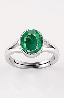 Natural Emerald 8.25 Ratti / 7.90 Carat Panna Silver Adjustable Ring for Women's and Men's (Lab - Approved)