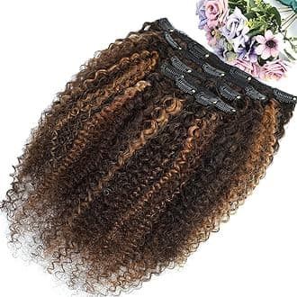 14 Inch Kinky Curly Clip in Hair Extensions for Black Women African American Clip ins, 3C 4A Ombre 4/30 Curly Hair Extensions Clip in Human Hair Triple Weft Thick Soft 10Pcs/Set Full Head Blend Well