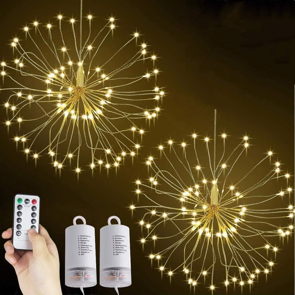 HELESIN Firework Lights 2 PACK, 120 LED Firework Fairy Lights Battery Operated, 8 Working Modes Fireworks Hanging Lights with Remote, LED Starburst Lights for Valentine's Day Easter Decorations