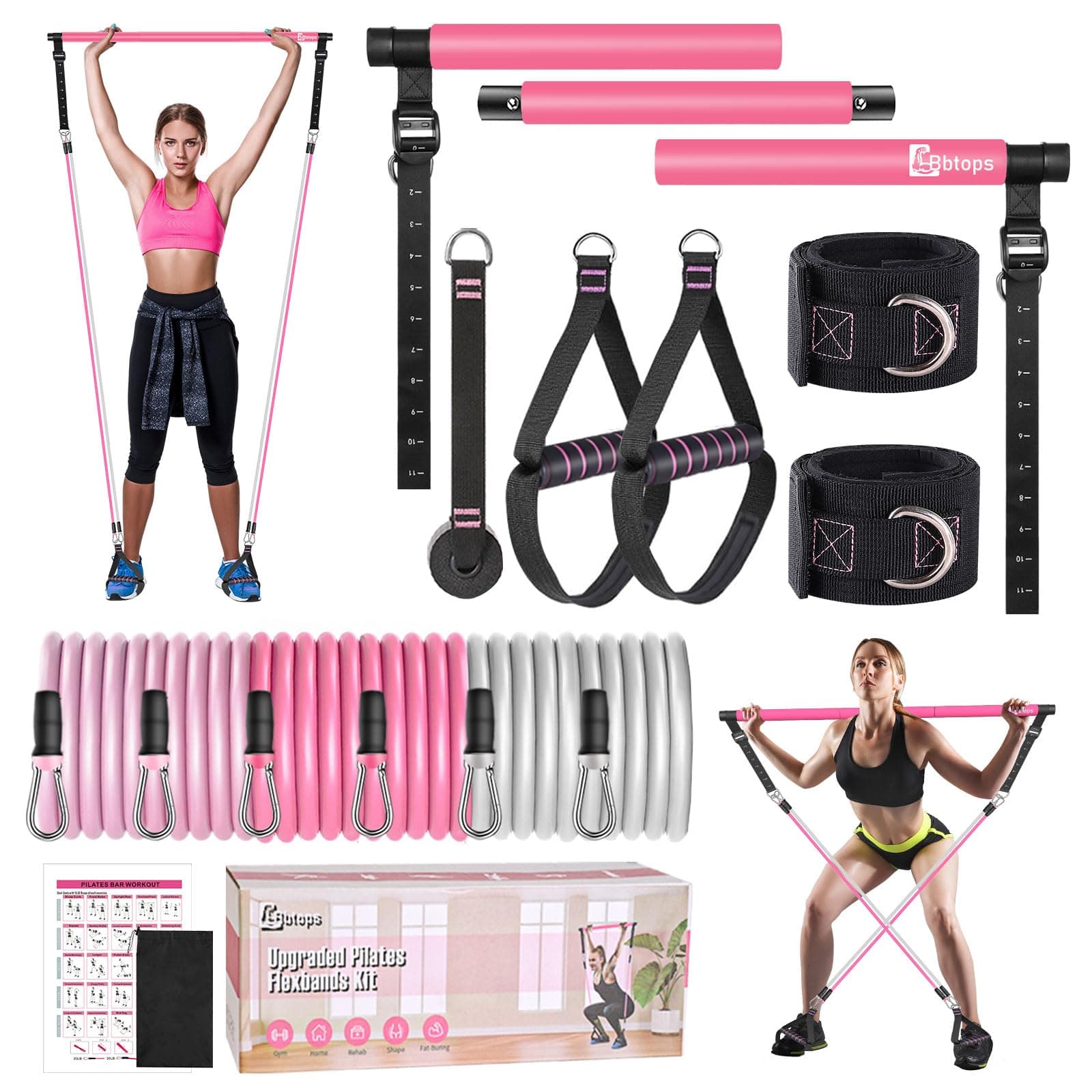 Bbtops Pilates Bar Kit with Resistance Bands,Pilates Bar with Stackable Bands Workout Equipment for Legs,Hip,Waist and Arm,Exercise Fitness Equipment for Women & Men Home Gym Yoga Pilates