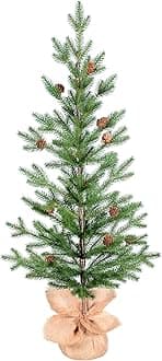 3FT Tabletop Artificial Christmas Tree with 228 PE Branch Tips, Pinecones, Unlit Small Xmas PE Trees with Cement Base Wrapped in Burlap, Green