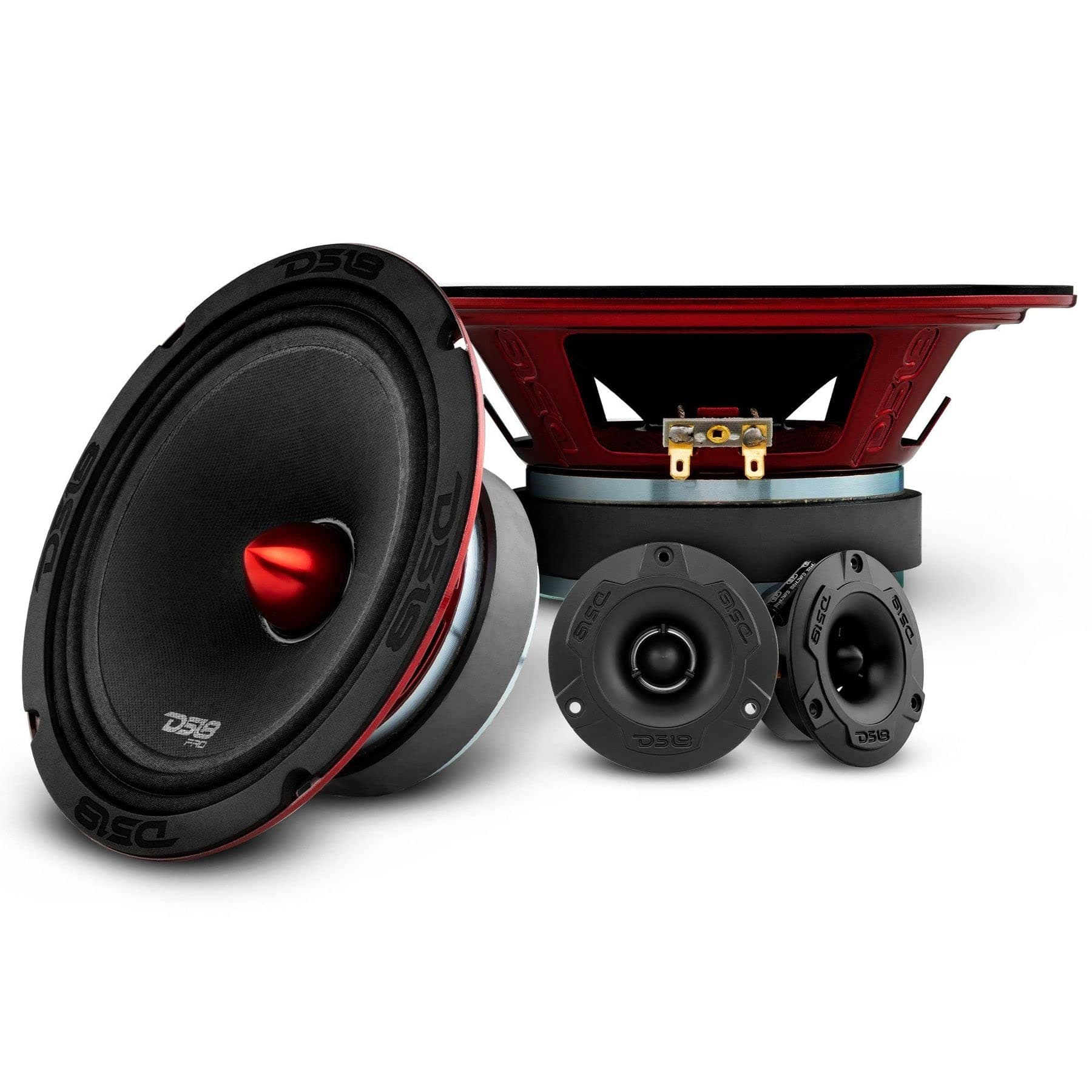 Mid and High Car Speaker Package - 2X 6.5" Midrange, 2X 1" Tweeters, Built-in Crossover