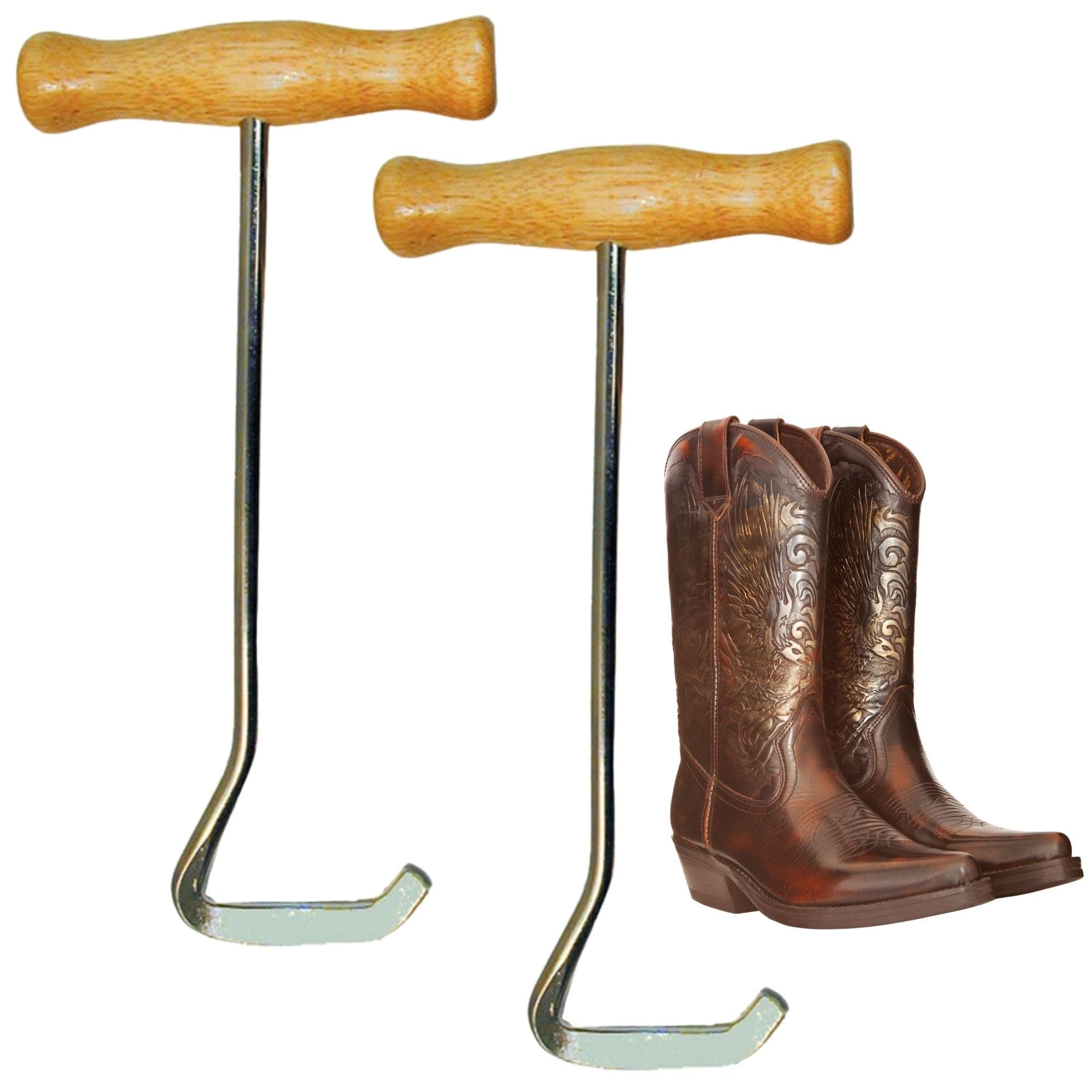 Intrepid International Wooden Handle Boot Hooks Boot Puller, Pair of Durable Metal Shoe Hooks for Effortless Boot Pulling, for Cowboy Boots, Riding Boots, Boot Helper, 2-Pack