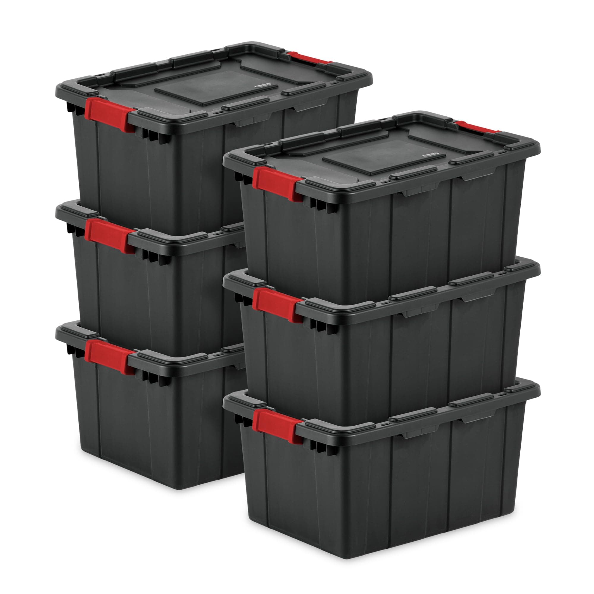 Sterilite 15 Gal Industrial Tote, Stackable Storage Bin with Latching Lid, Plastic Container with Heavy Duty Latches, Black Base and Lid, 6-Pack