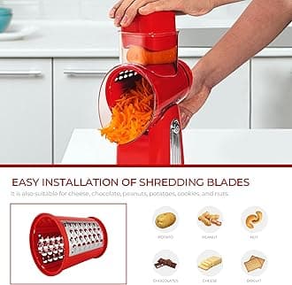SUSTEAS Rotary Cheese Grater with Handle - Vegetable Shredder with 5 Well-Designed Blades and Strong Suction Base, Round Mandoline Slicer and Food Chopper for Kitchen, with Box