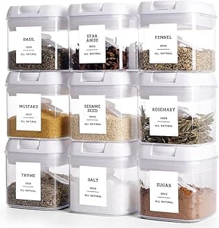 Seasoning Containers with Labels - 9 Pcs Big Plastic Spice Storage Containers with 148 Spice Labels and 9 Spoons - Square Stackable Kitchen Small Airtight Food Storage Containers with Lids
