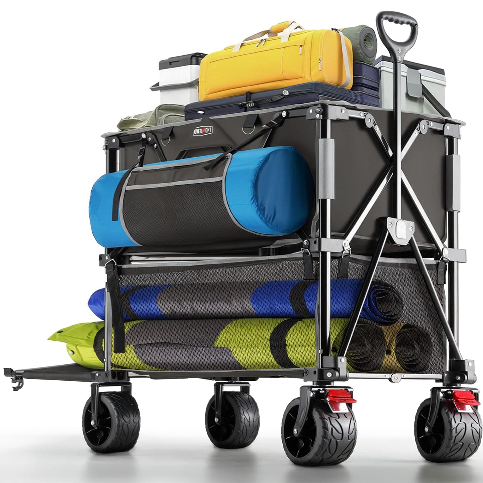 Overmont 400L Foldable Double Decker Wagon - Large Capacity Collapsible Wagon Cart- 47" Extra Long Extender - All-Terrain Big Wheels for Camping, Football Game, Sports Events, Support Up to 450lbs