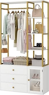 2pcs Closet Organizer System, Wardrobe Closet with 3 Wooden Drawers, Clothes Rack with Hanging Rods and 4 Tiers Shelves, Garment Rack with Metal Frame, White and Gold