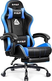 Video Gaming Chair with Footrest Lumbar Support for Home Office High Back Recliner Height Adjustable Ergonomic Comfy Leather Computer Desk Chair (Blue)