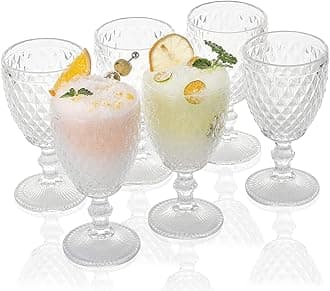 Argyle Collection Goblet Glasses 10 oz. set of 6 from 1500° C TABLETOP Crystal Clear Water Goblets Vintage Embossed with Diamond Pattern for Iced Tea Beverage for Party and Wedding