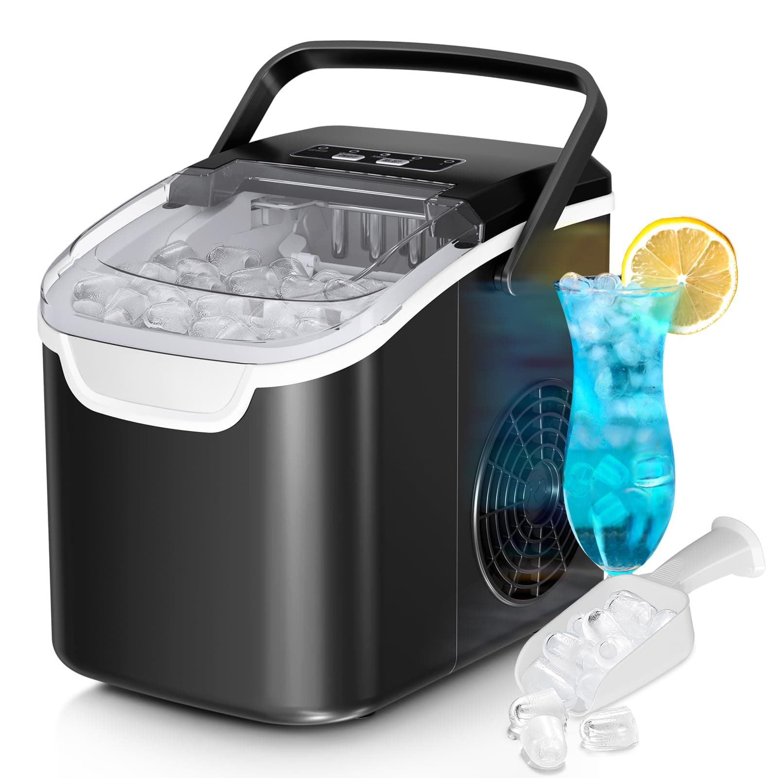 Countertop Ice Maker Machine, 8 Ice Cubes in 6 mins, 26lb/Day Ice with 2 Sizes- Portable Mini, Energy Saving & Basket/Scoop for Home/Party/Travel/Camping/Bar, Dark Black