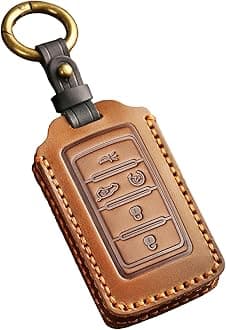EASYANT Leather Key Fob Cover for Jeep 2021-2024 Grand Cherokee L Grand Wagoneer Key Case Protector keychain Smart Key Holder Brown