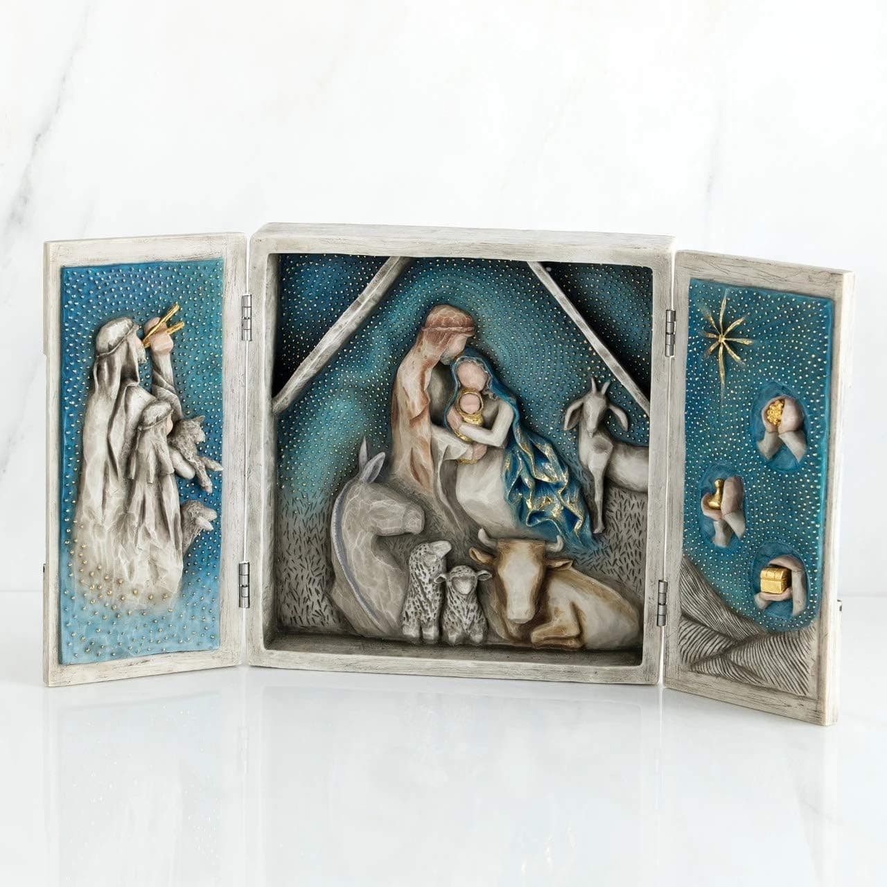 Starry Night Nativity, Sculpted Hand-Painted Nativity Triptych