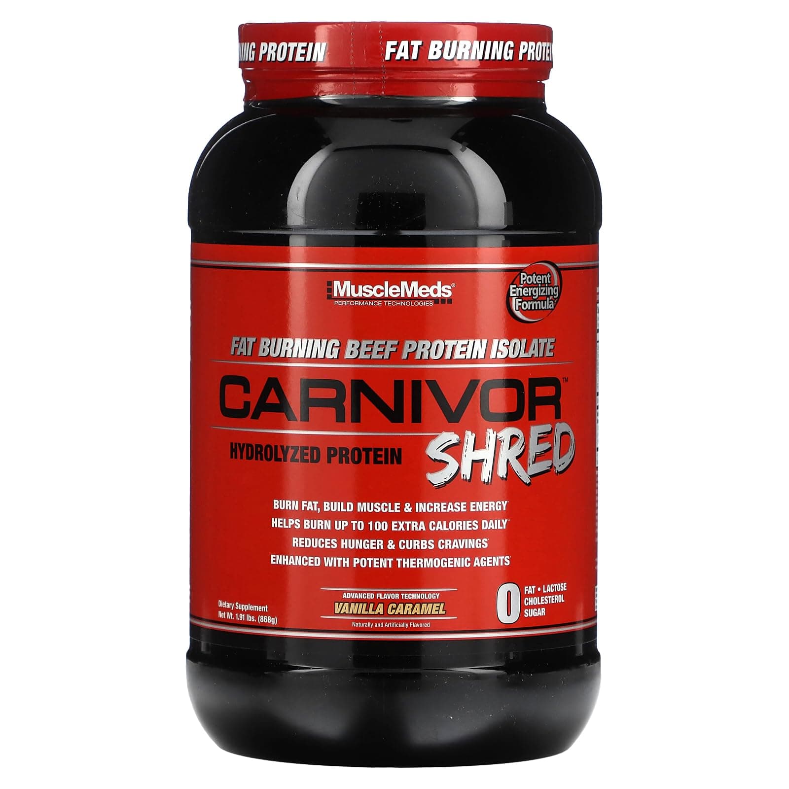 MuscleMeds Carnivor Shred Fat Burning Hydrolized Beef Protein Isolate, 0 Lactose, 0 Sugar, 0 Fat, Vanilla Caramel, 2 Pound, 28 Servings