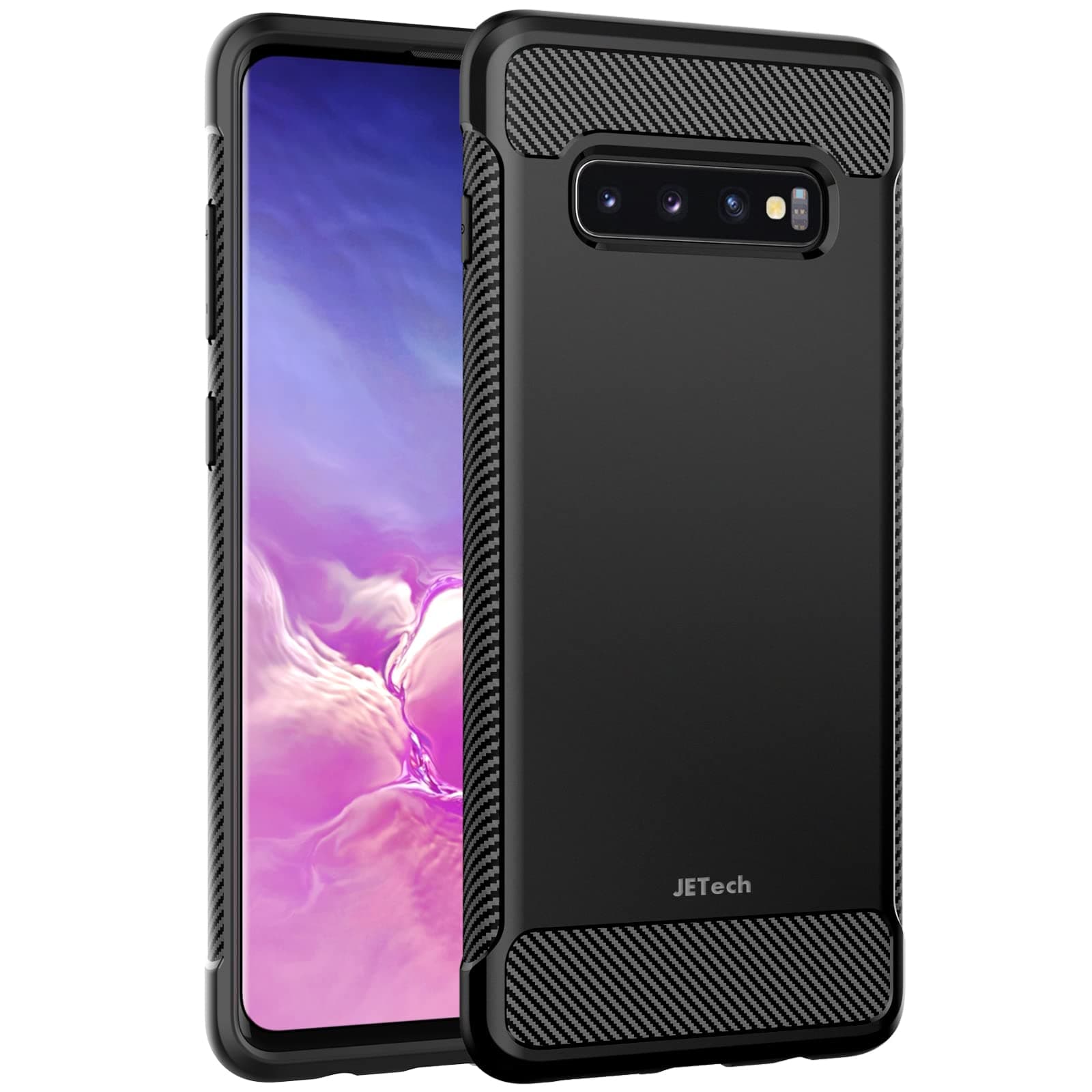 JETech Slim Fit Case Compatible with Samsung Galaxy S10 Plus S10+, Thin Phone Cover with Shock-Absorption and Carbon Fiber Design, Black