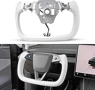 Yoke Steering Wheel Personalized for Tesla Model Y Juniper 2025, Nappa Leather for Tesla Model Y Accessories With Heating Function No Front Trim (White Perforated, Glossy Carbon Fiber)
