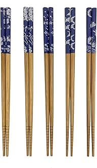 JapanBargain, Bamboo Chopsticks Reusable Japanese Chinese Korean Wood Chop Sticks Hair Sticks 5 Pair Gift Set Dishwasher Safe, 9 inch (2, Blue Print)