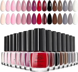 Born Pretty Red Pink Nail Polish Set, 15 Colors Red Pink Nude Black White Gray Brown Nail Polish Quick Dry Fingernail Polish Kit for DIY Nail Art Salon Home Valentines Day Gift for Women