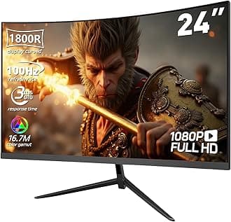 24 Inch Curved 1080P Gaming Monitor, 1800R FHD 100Hz Computer Monitor, 3ms Response Time, FreeSync, Eye-Care, HDMI/DP, Built-in Speakers, VESA Mount