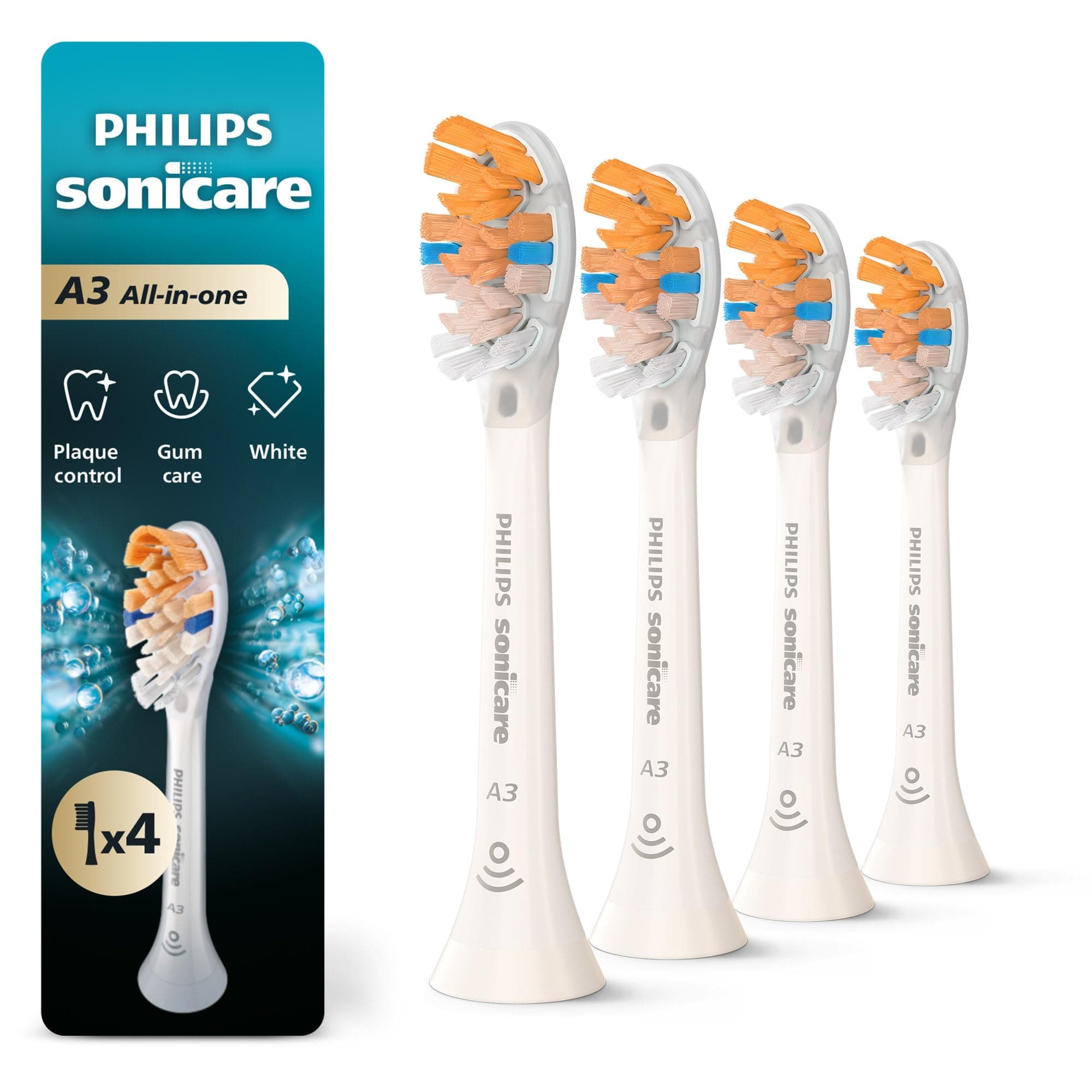 A3 All-in-One - Genuine Replacement Electric Toothbrush Heads, White, 4 Pack One Year Supply, HX9094/65