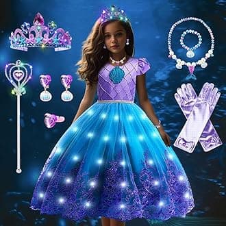 Mermaid Costume Kids, Light up Dress for Girls, Glowing Mermaid Princess Fancy Dress with LED Princess Crown Magical Stick Set for Birthday Party Carnival Halloween Cosplay
