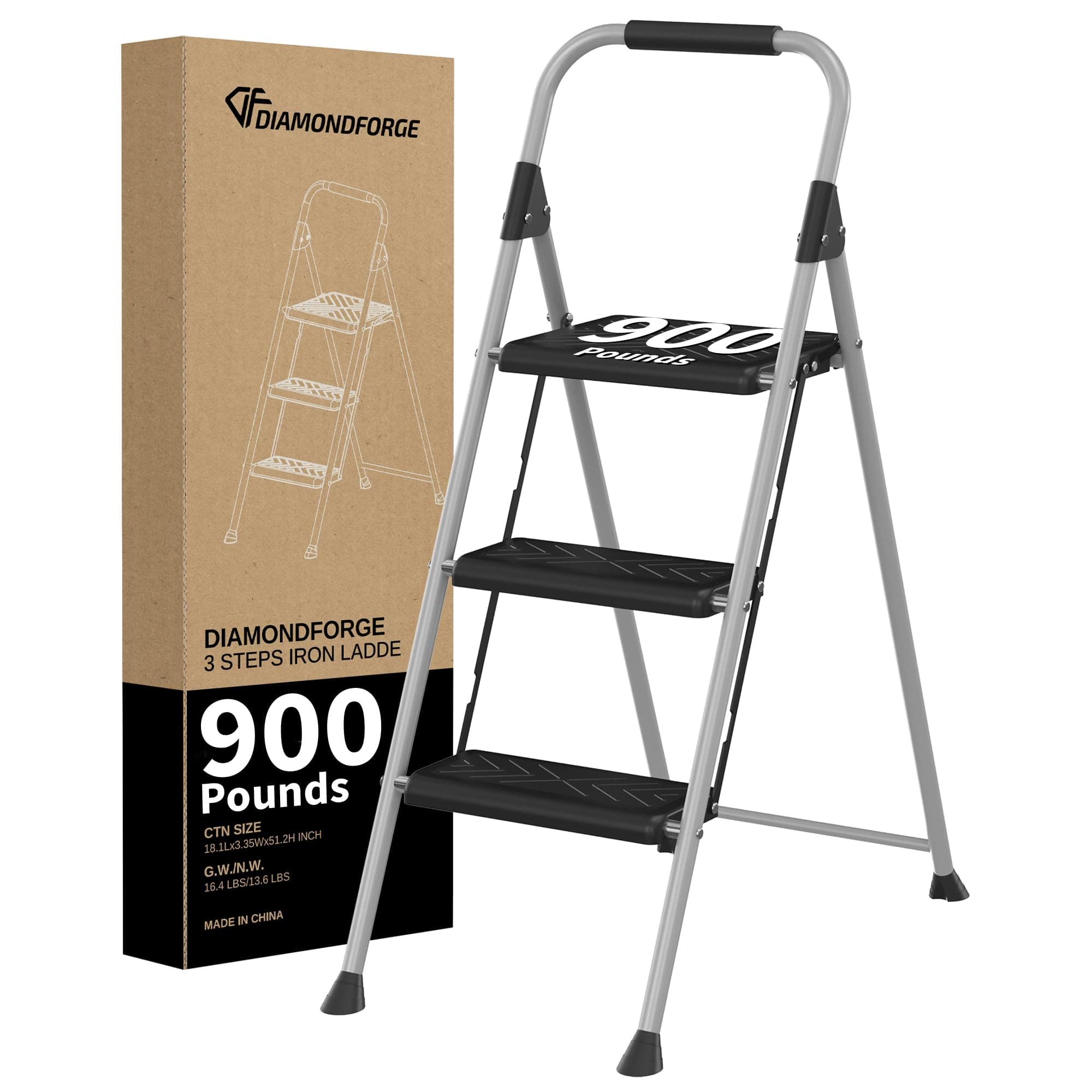 DIAMONDFORGE 3-Step Ladder Folding Step Stool with Anti-Slip Wide Pedal & Soft Handle, Heavy Duty Steel Construction, 900 lbs Capacity for Home & Office, Grey