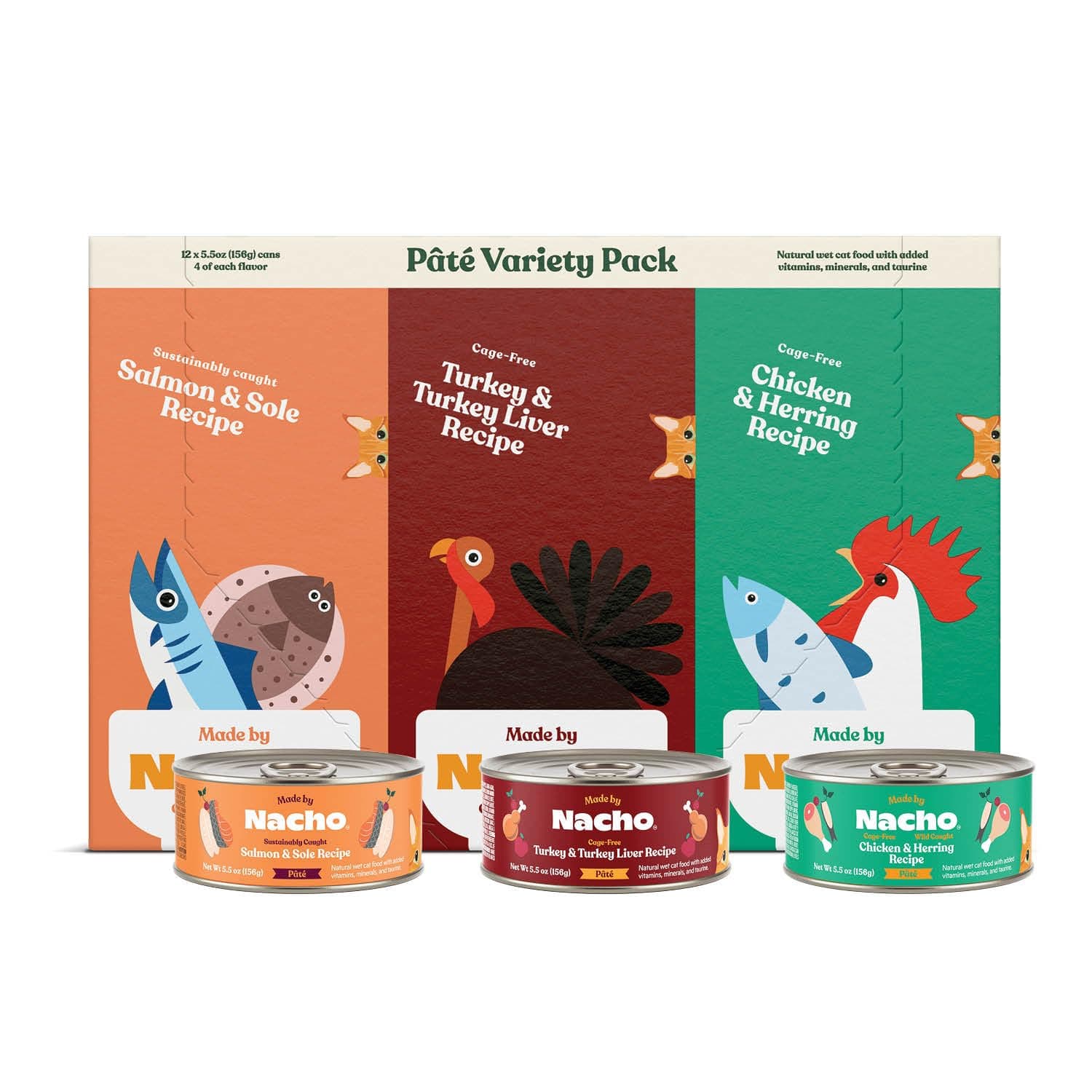 Made by Nacho Pate Wet Cat Food Variety Pack, Chicken, Salmon, and Turkey, 5.5 Ounce Cans, Grain-Free Canned Pet Food, Bone Broth Infused for Hydration, Limited Ingredients, 12 Pack