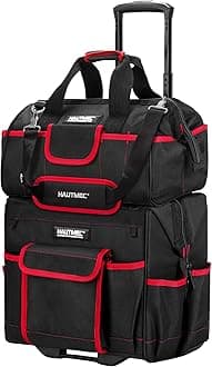 HAUTMEC 2-Piece Rolling Tool Bag Set, 15" Wheeled Tool Bag & Wide Mouth Tool Tote, Heavy-Duty Tool Storage Organizer with Durable Off-Road Wheel, Steel Telescoping Handle & Shoulder Strap – HT0288