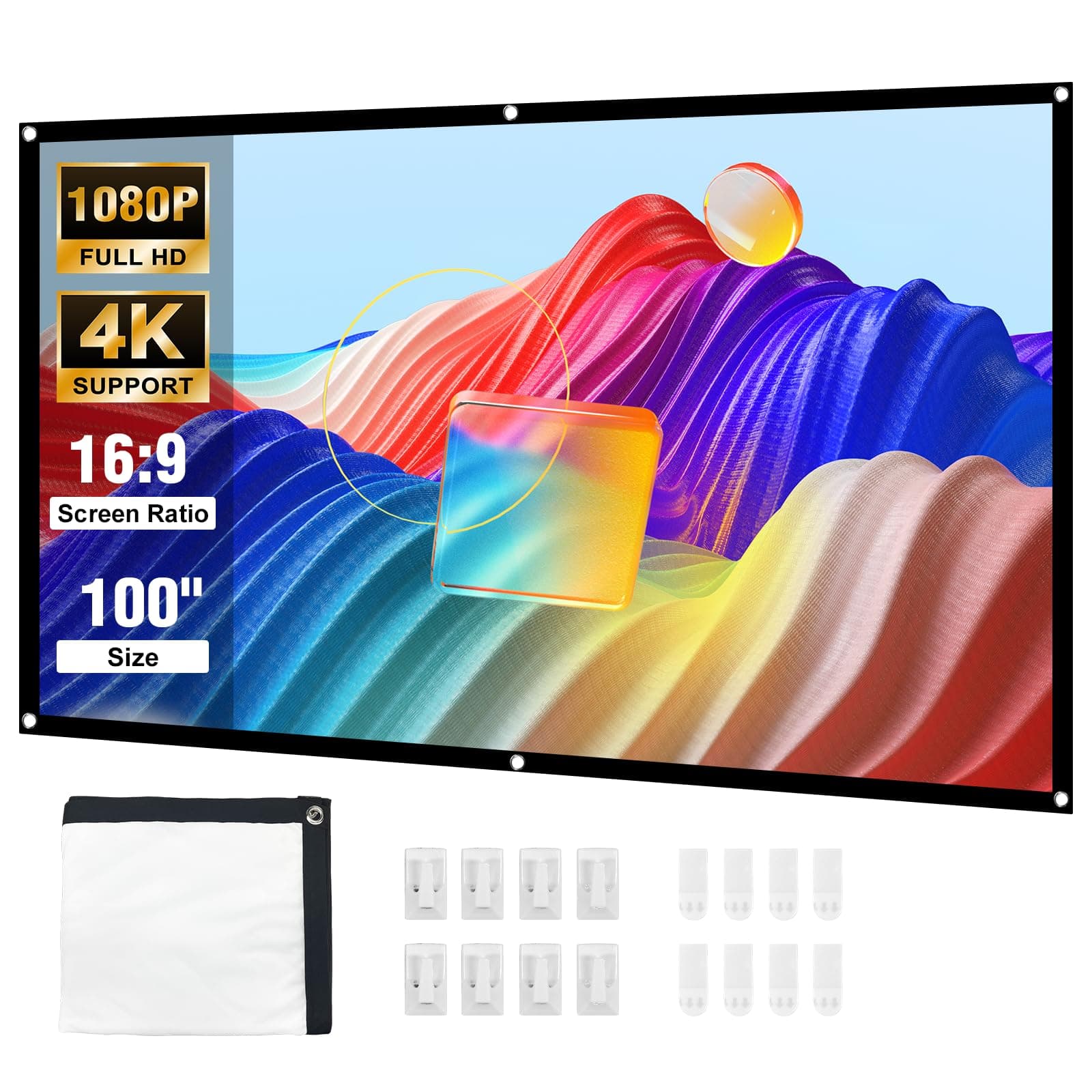 HAPPRUN Projector Screen, 100 inch Projection Screen, 16:9 Foldable Portable Projector Movies Screens for Home Theater Outdoor Indoor Support Double Side Projection