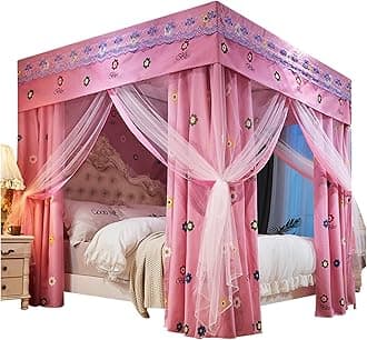 Bed Curtain Four Poster Bed Canopy Mosquito Net Double Layer Princess Blackout Curtains Canopy with Frame 18 - Hole Mesh Design Exquisite Bedroom Decoration (pink,180 * 200 * 200)