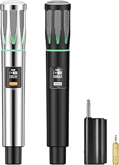 Powplur UHF Wireless Microphones, Rechargeable Dual Handheld Microphones with 1/4" Receiver, Adjustable Frequency & Volume, Plug-and-Play for Karaoke Singing, Outdoor Events, PA Systems