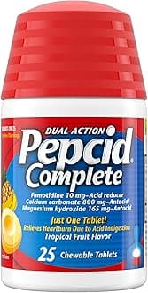 Complete Acid Reducer + Antacid Chewables, 10mg Famotidine, 800mg Calcium Carbonate & 165mg Magnesium Hydroxide per Heartburn Medicine Tablet, Antacid Chews, Tropical Fruit, 25 ct