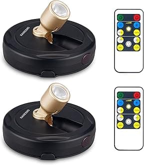 Battery Operated Spotlight, Wireless Picture Lights, LED Puck Light, Dimmable Accent Light with Remote, Stick on Lighting for Dartboard Painting Artwork Closet Portrait, 2 Pack