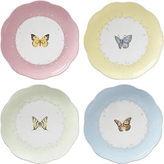 Dessert Plate Set, Lenox Butterfly Meadow Collection 4-Piece Dessert Porcelain Plates Set, Service For 4, Dishwasher & Microwavable Plate, Small Plates, 8 x 8-Inch, Spring Dishes (4 Piece)