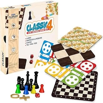 Clapjoy Wooden 4 in 1 Board Game for Kids & Adults| Ludo & Chess |Snake Ladder & Tic Tac Toe| Size 12 x 12 inch | Ideal for Parties, Fun, and Family Game Nights (4 in 1 Board Game)