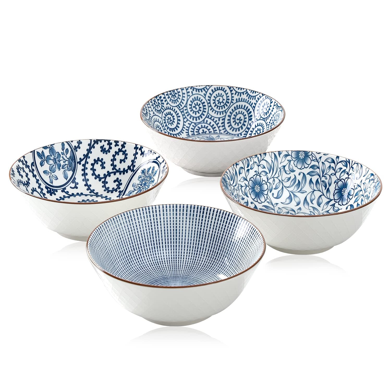 8 Inch 40 Ounce Ceramic Bowls for Kitchen Deep Soup Pho Bowls, Blue White Large Porcelain Salad Bowls Set for Ramen Pasta Cereal Dessert Stackable Deep Noodle Serving Bowls Set of 4 for Gift