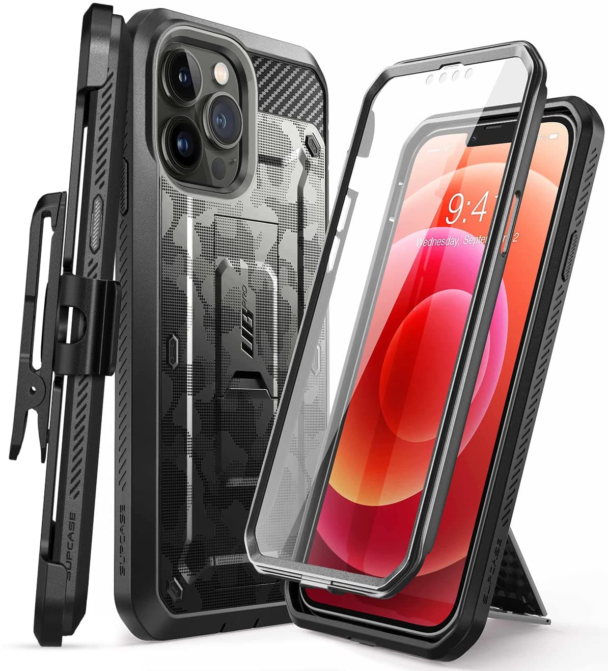 SUPCASE for iPhone 13 Pro Max Case with Screen Protector (Unicorn Beetle Pro), [Built-in Stand & Belt Clip] Heavy Duty Full-Body Rugged Kickstand Protective Phone Case for iPhone 13 Pro Max, CamoGray