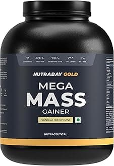 Nutrabay Gold Mega Mass Gainer Powder - 2kg, Vanilla Ice Cream | 100% Veg | 40.8g Protein, 123g Carbs, 711 Calories | Muscle Building & Weight Gainer Supplement for Men & Women