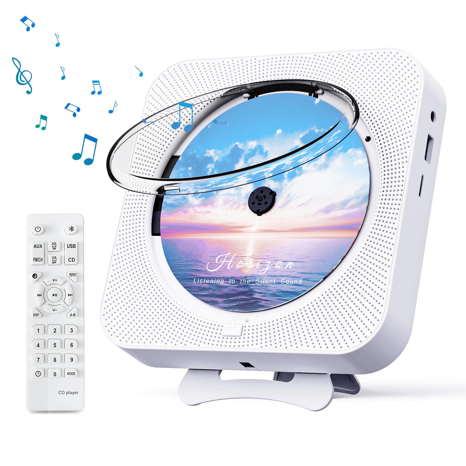 MICOCIOUS Bluetooth Portable Home CD Music Player with Remote Control, Timer, Built-in Speakers and LED Display - FM Radio Boombox (White)