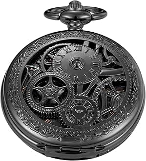 WhodoitVintage Mechanical Men's Pocket Watch, Roman Dial Clock Hand Wind Pocket Watch for Men with FOB Chain Gift