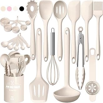 Silicone Kitchen Cooking Utensils Set, 22Pcs Heat Resistant Kitchen Utensils, Spatula, Spoon, Whisk, Dishwasher Safe Kitchen Utensil Gadgets Tools Set for Nonstick Cookware(Khaki)