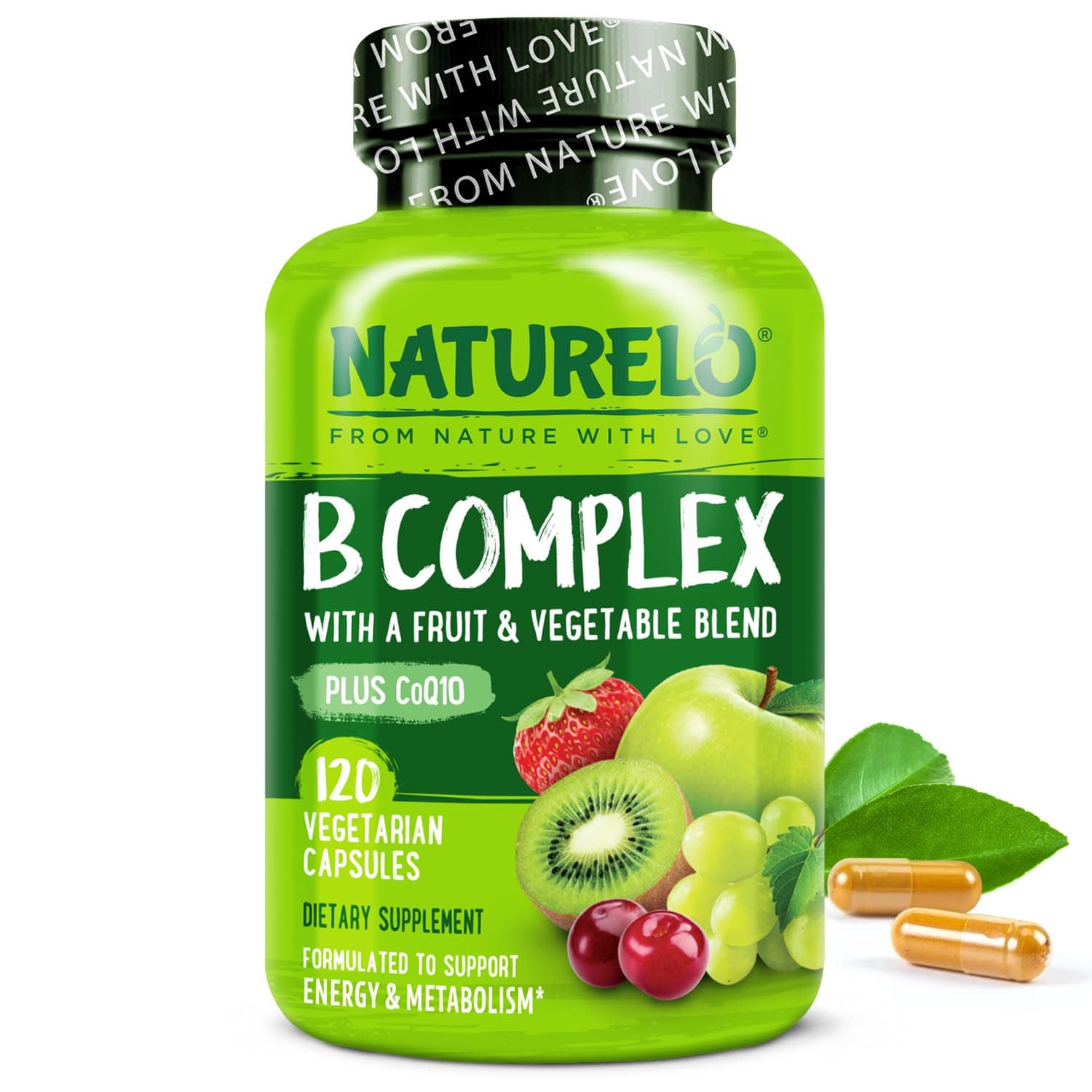 Vitamin B Complex,120 Capsules, Vegan, CoQ10, Methyl Folate, Biotin, Fruit & Veg Blend, Supports Energy and Healthy Stress Response, Super B Complex Vitamins for Women and Men
