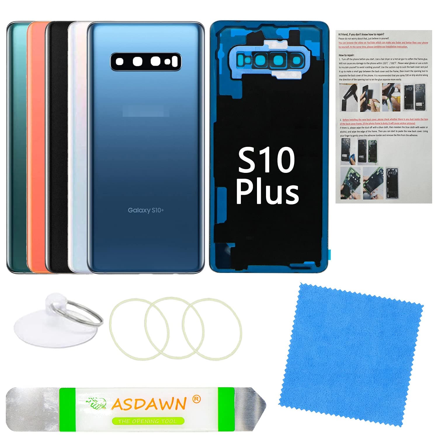 Galaxy S10+ Replacement Back Glass Panel Case with Installation Manual +Pre-Installed Camera Lens +Repair Tools for Samsung Galaxy S10 Plus SM-G975 All Carriers (Prism Blue)